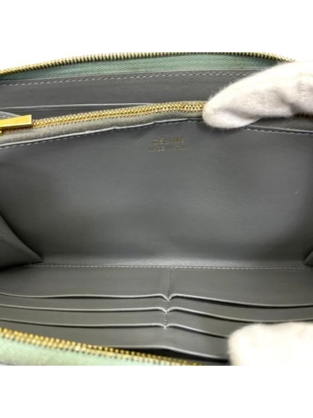 Celine Wallet Long Round Zipper Logo Leather Green